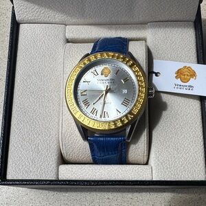 Versace-style Versatilis Couture Gold-Bezel Watch with Blue Strap